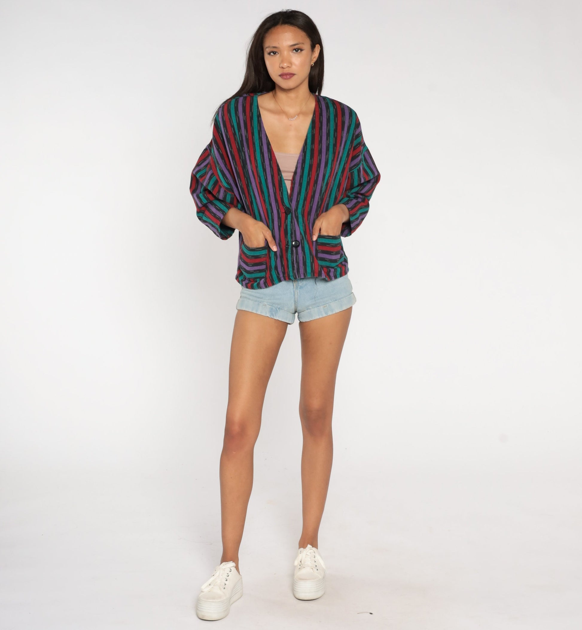 90s Striped Cotton Blazer Deep V-Neck Button Jacket Medium
