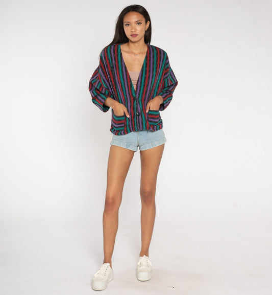 90s Striped Cotton Blazer Deep V-Neck Button Jacket Medium