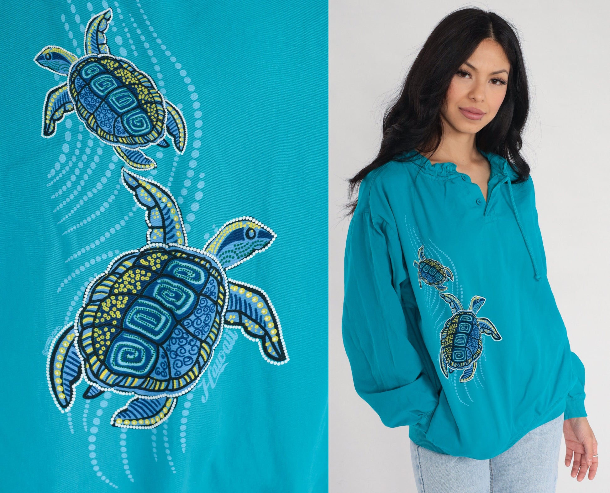 00s Crazy Shirts Turtle Print Long Sleeve Drawstring Neckline Turquoise Cotton Small S