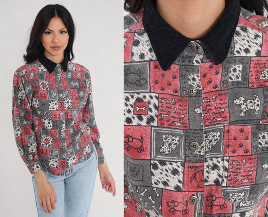 90s High Sierra Dalmatian Dog Print Button-Up Blouse Cotton Corduroy Collar Extra Small