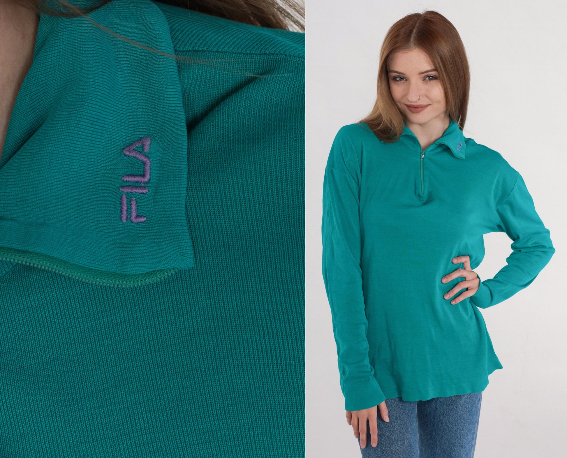 Y2K Fila Teal Knit Polo Quarter Zip Long Sleeve Collared Sweater Extra Large XL