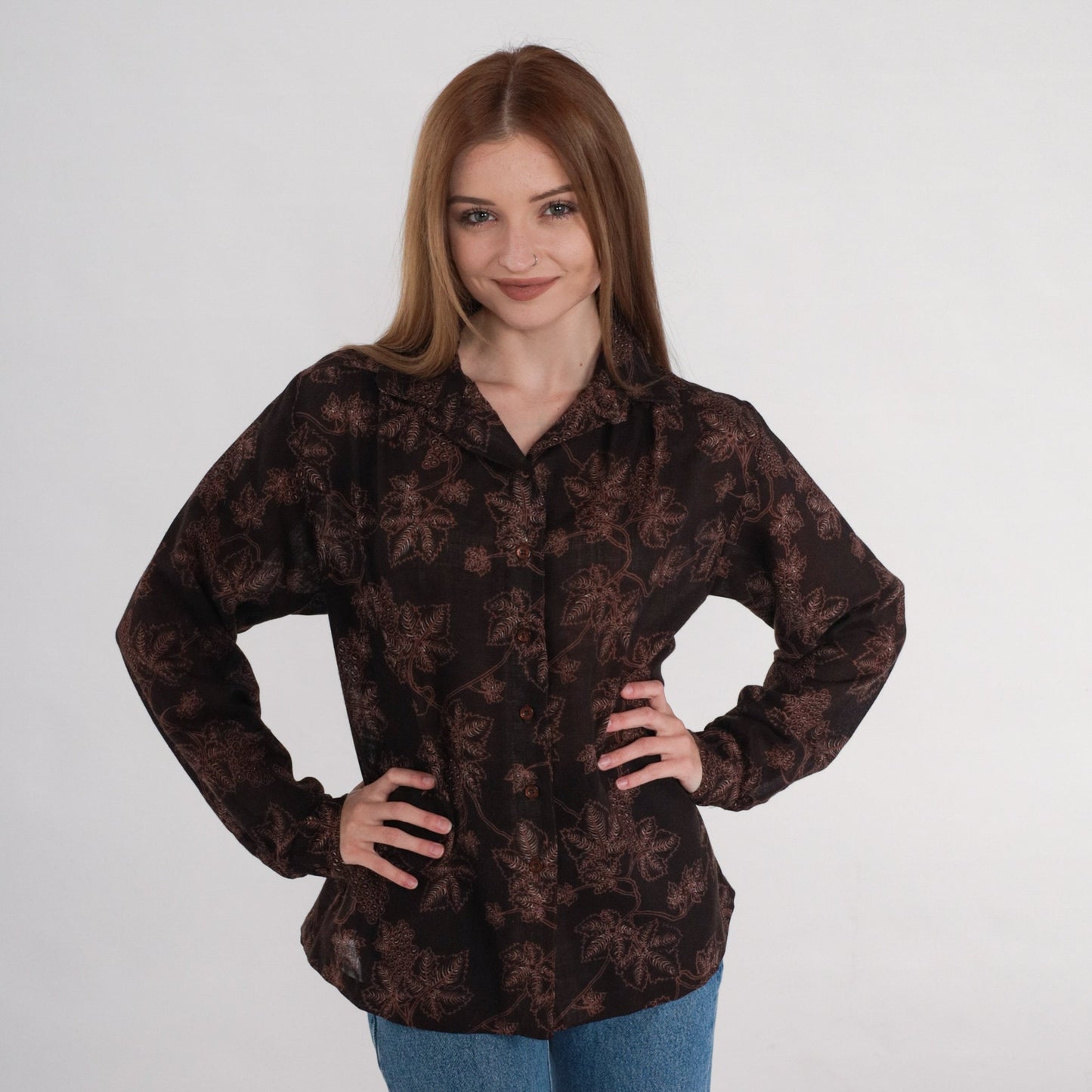 80s Grapevine Blouse Brown Button Up Shirt Grape Leaf Print Medium M