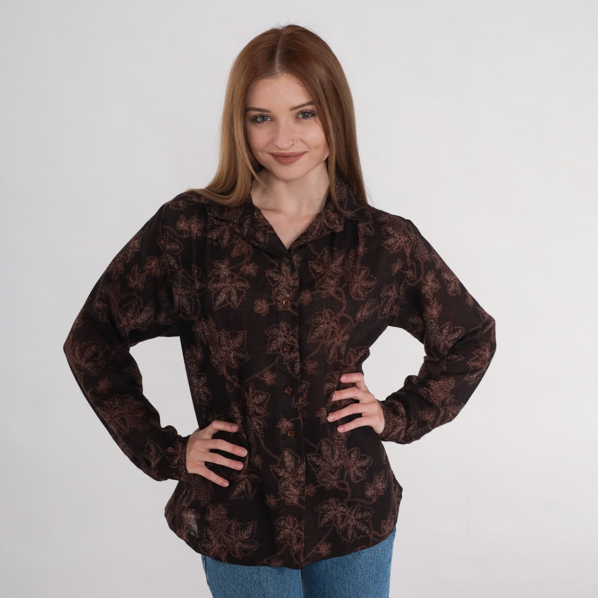 80s Grapevine Blouse Brown Button Up Shirt Grape Leaf Print Medium M