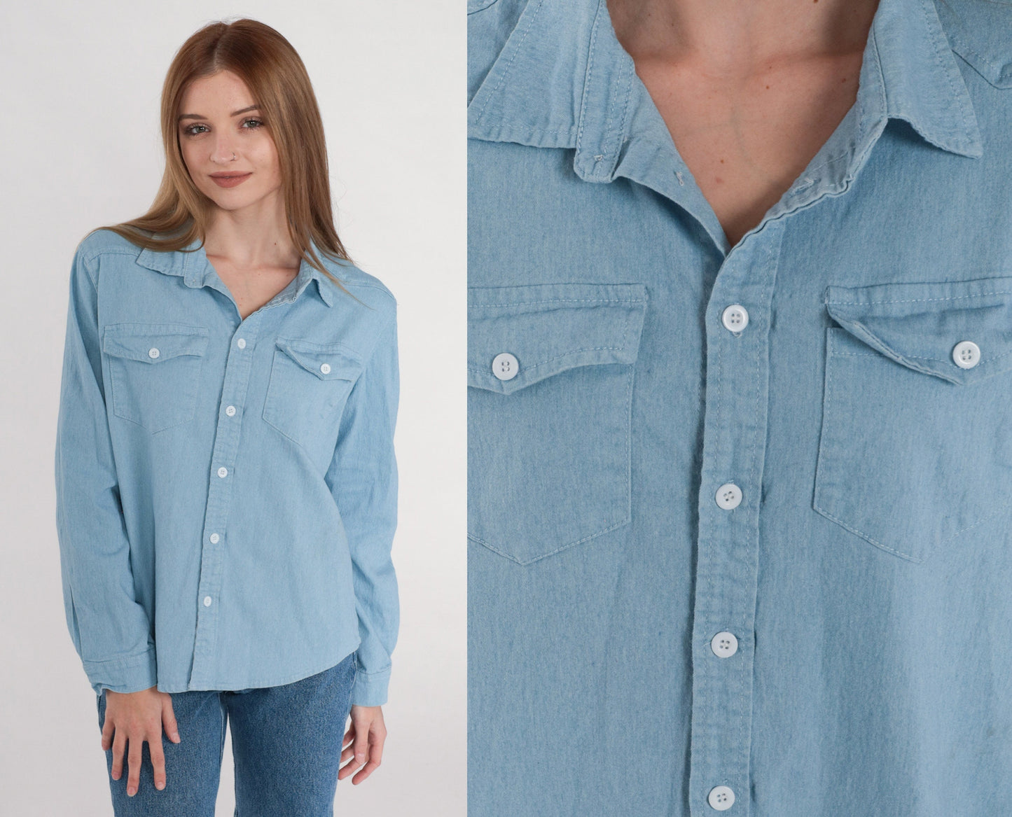 90s Blue Chambray Button-Up Shirt Long Sleeve Chest Pocket Small S