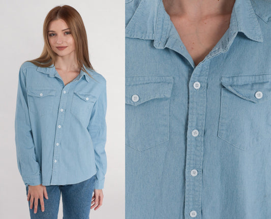 90s Blue Chambray Button-Up Shirt Long Sleeve Chest Pocket Small S