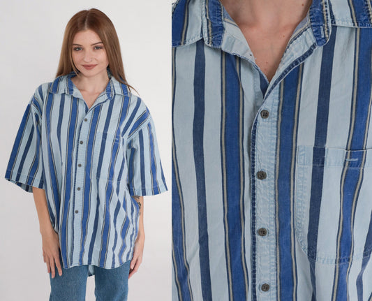 90s Sostanza Striped Cotton Button-Up Shirt Blue Collared Short Sleeve Large