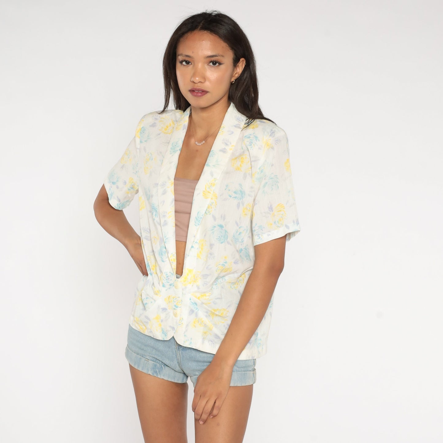 80s White Floral Deep V-Neck Blouse Button-Up Short Sleeve Large
