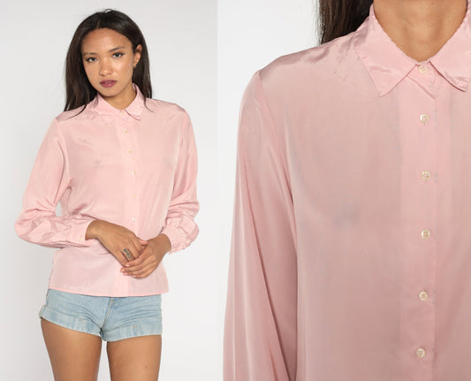 80s Leslie Fay Baby Pink Button-Up Blouse Long Sleeve Collared Medium