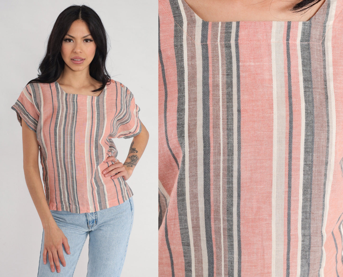 80s Pink Striped Button Shoulder Blouse Short Sleeve Top Medium