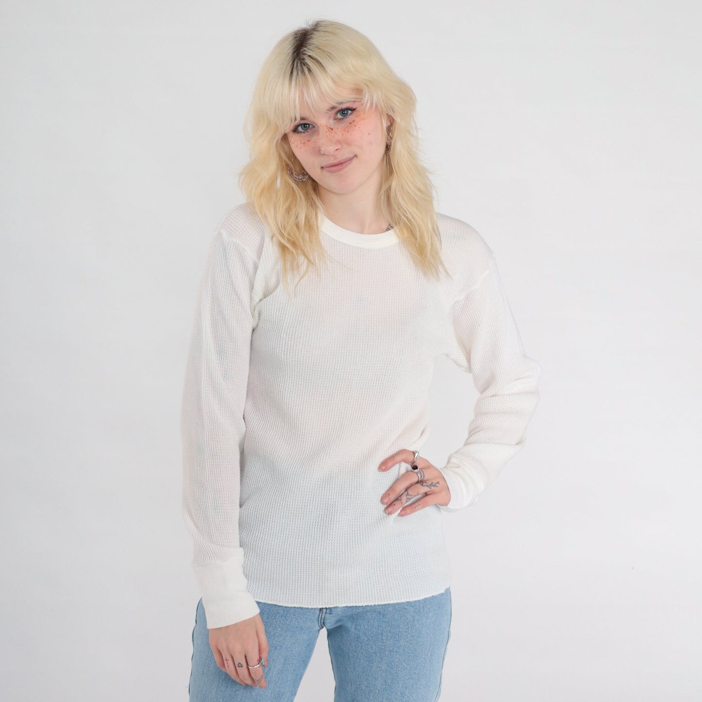 80s White Waffle Knit Thermal Long Sleeve Shirt Small Medium