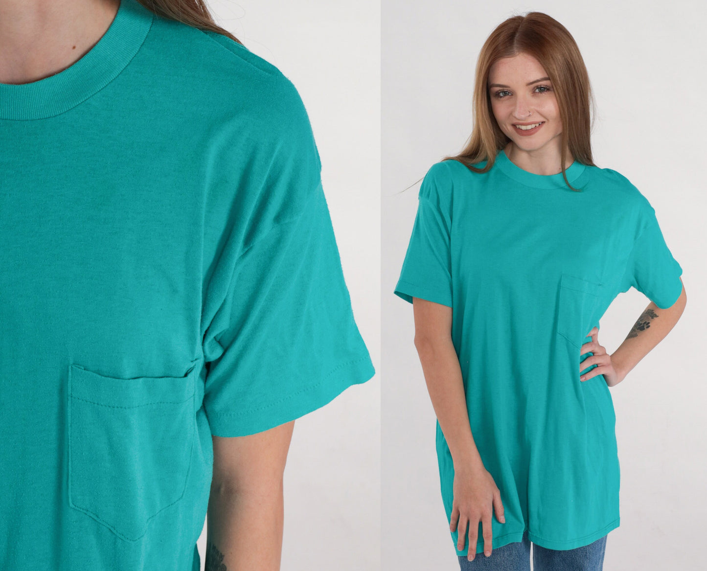 90s Teal Pocket T-Shirt Plain Cotton Crewneck Medium