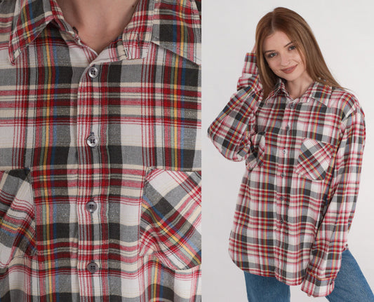 80s Sears Plaid Button-Up Shirt Long Sleeve Cotton Flannel Men's Large