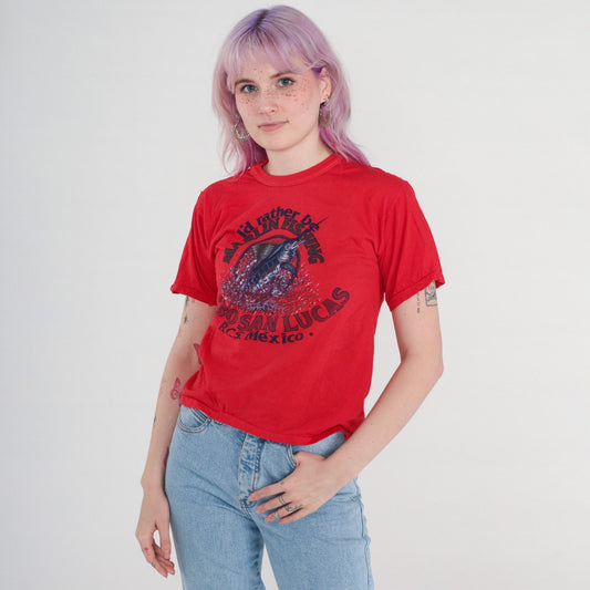 00s Cabo San Lucas Marlin Fishing Graphic T-Shirt Red Mexico Tee Small
