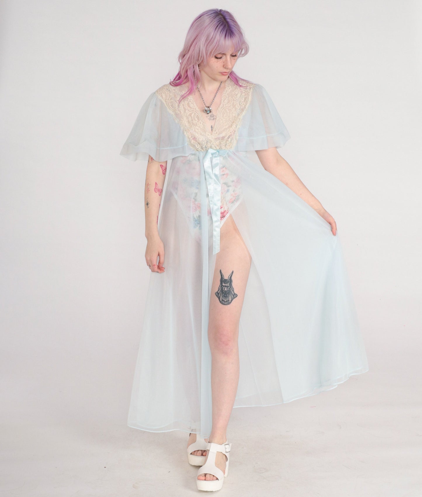 70s Sheer Baby Blue Nylon Lingerie Robe Maxi Lace Trim Empire Waist Small