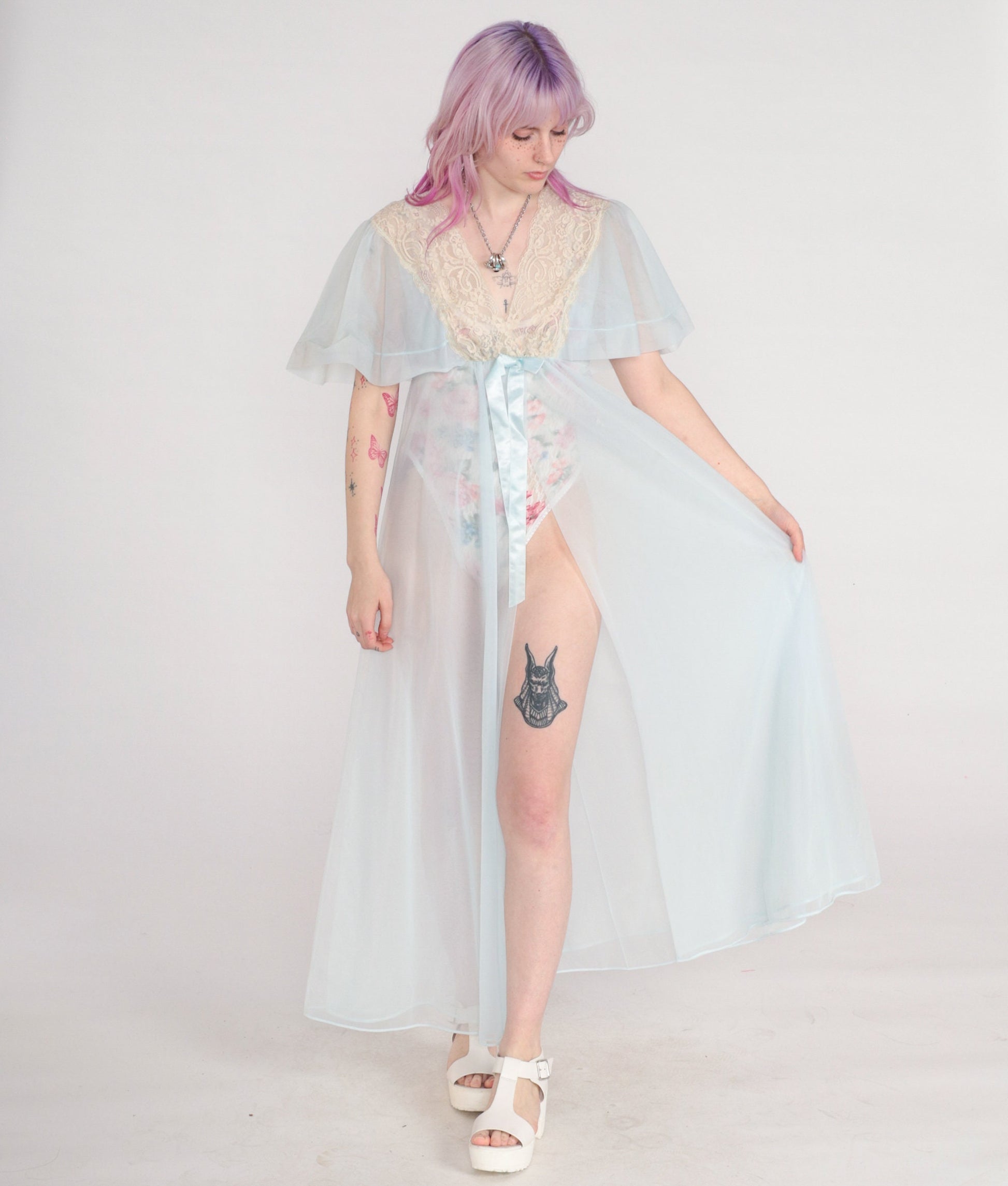 70s Sheer Baby Blue Nylon Lingerie Robe Maxi Lace Trim Empire Waist Small