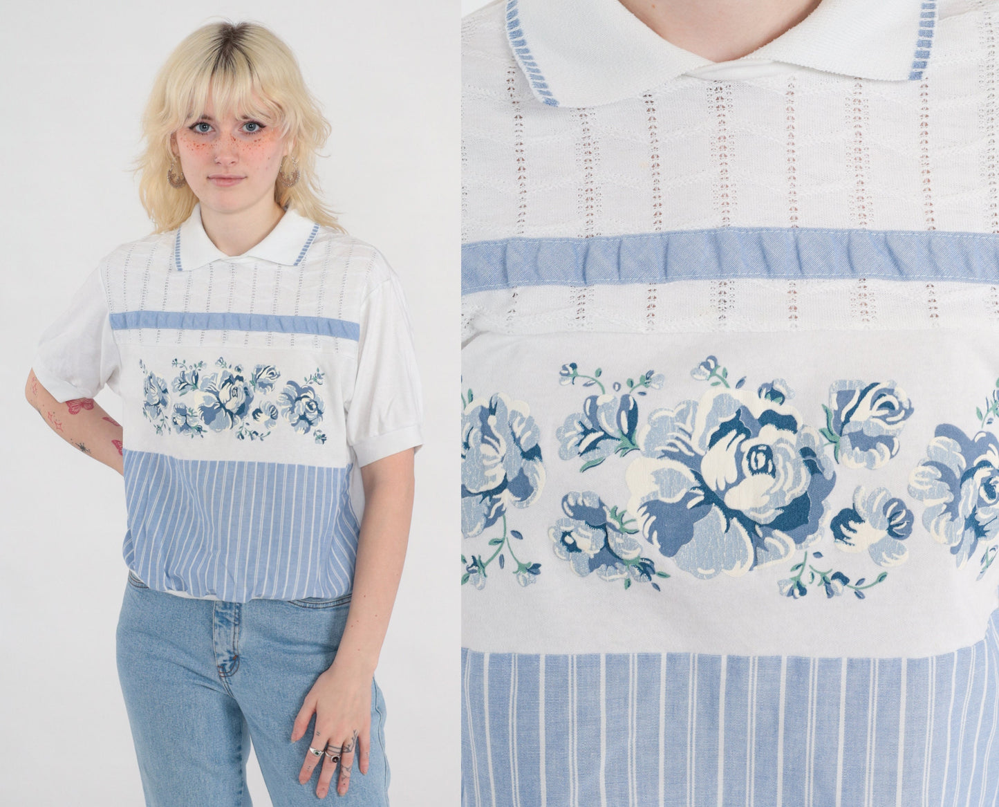 90s Floral Striped Blouse White Blue Collared Short Sleeve Large L