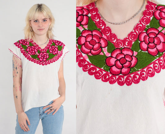 1990s Mexican Floral Embroidered Cotton Blouse White Tunic Small S