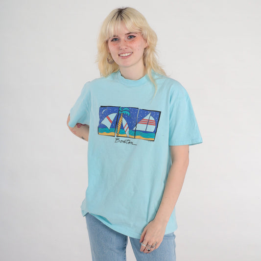 80s Boston Sailboat Graphic T-Shirt Single Stitch Aqua Blue Medium Large