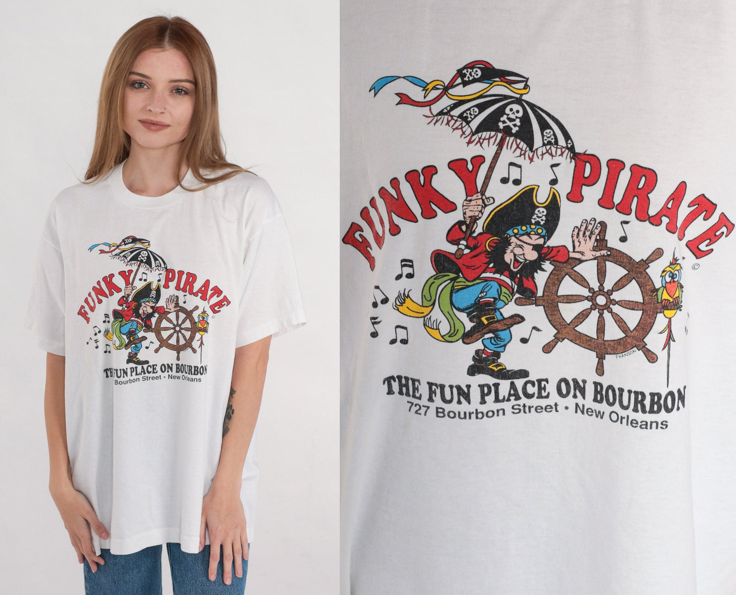 90s The Funky Pirate New Orleans Dive Bar Graphic T-Shirt White XL