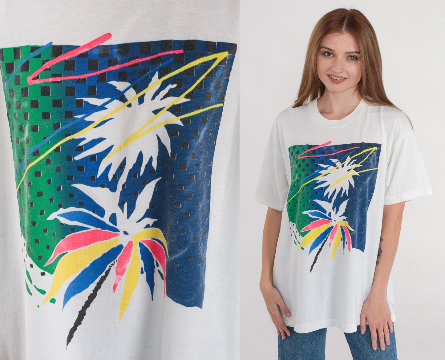 90s Tropical Palm Tree Graphic T-Shirt Single Stitch White Extra Large XL