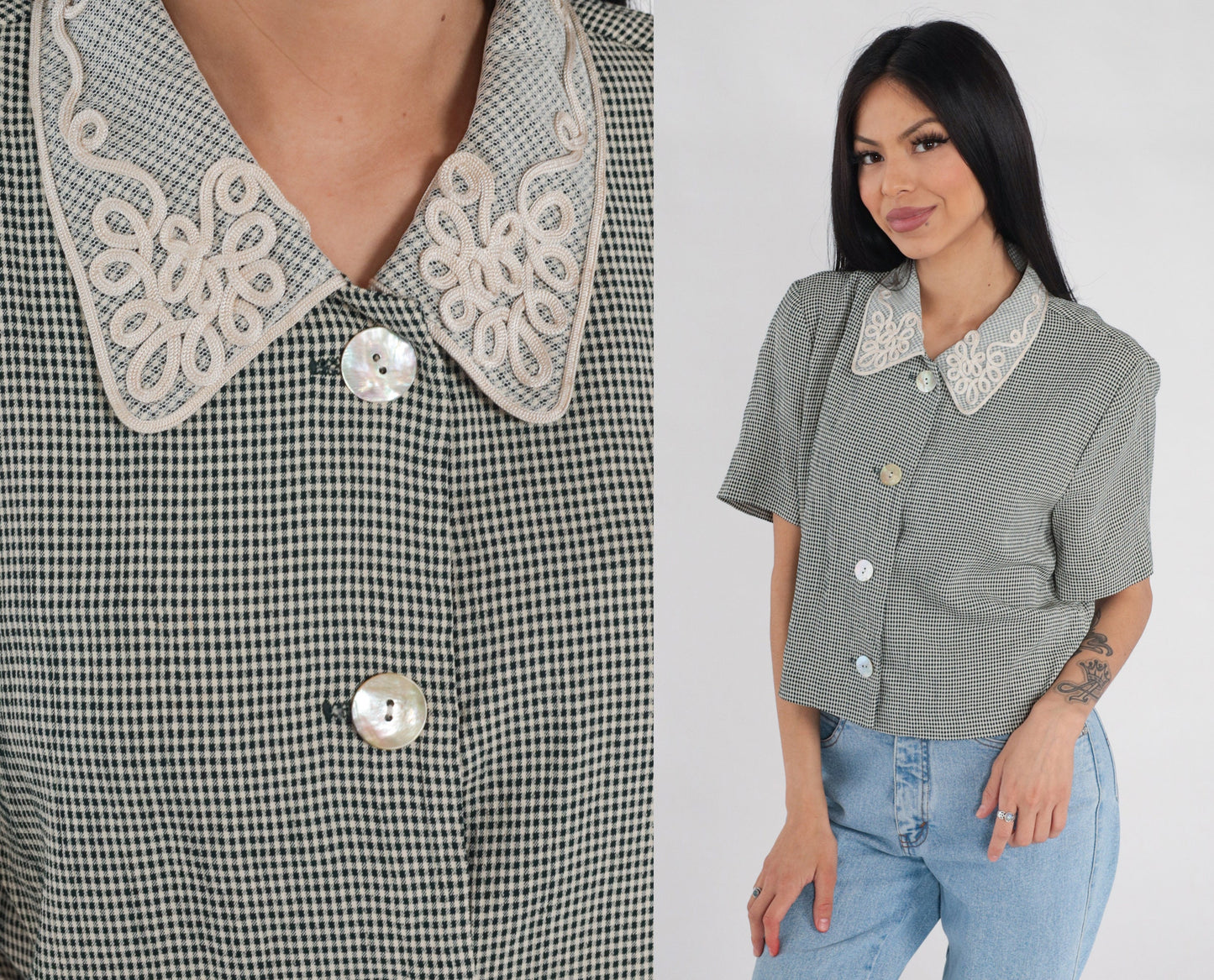 90s Black White Gingham Button-Up Blouse Soutache Collar Short Sleeve Medium M