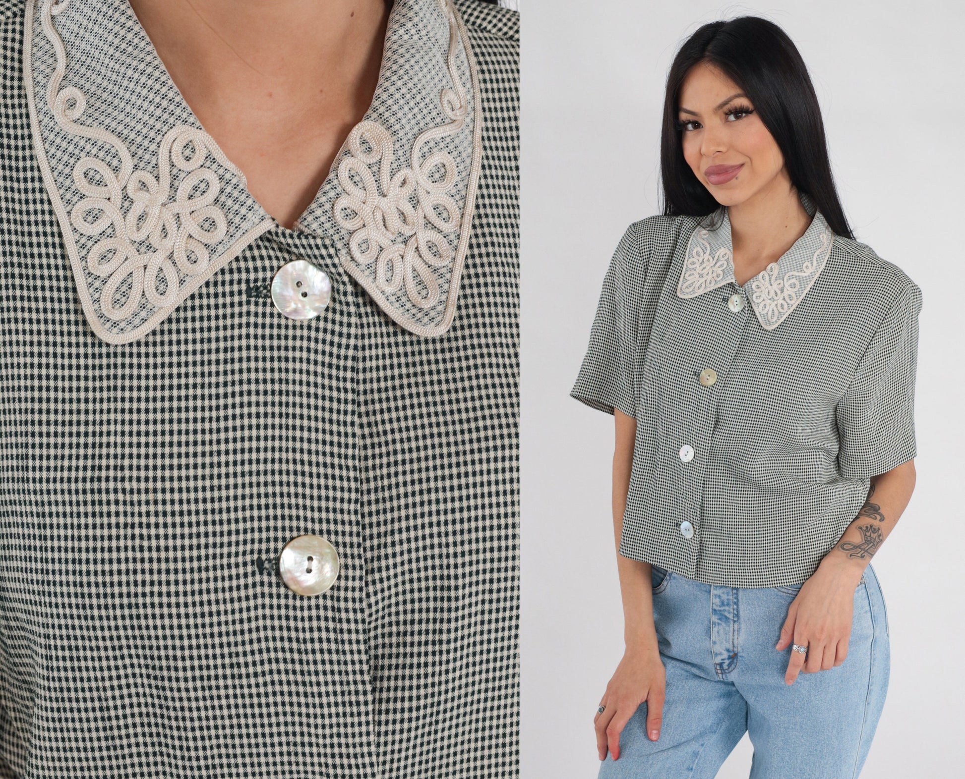 90s Black White Gingham Button-Up Blouse Soutache Collar Short Sleeve Medium M