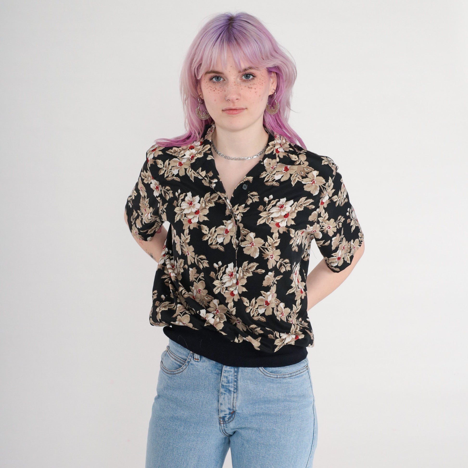 80s Alfred Dunner Floral Button-Up Blouse Black Banded Hem Medium