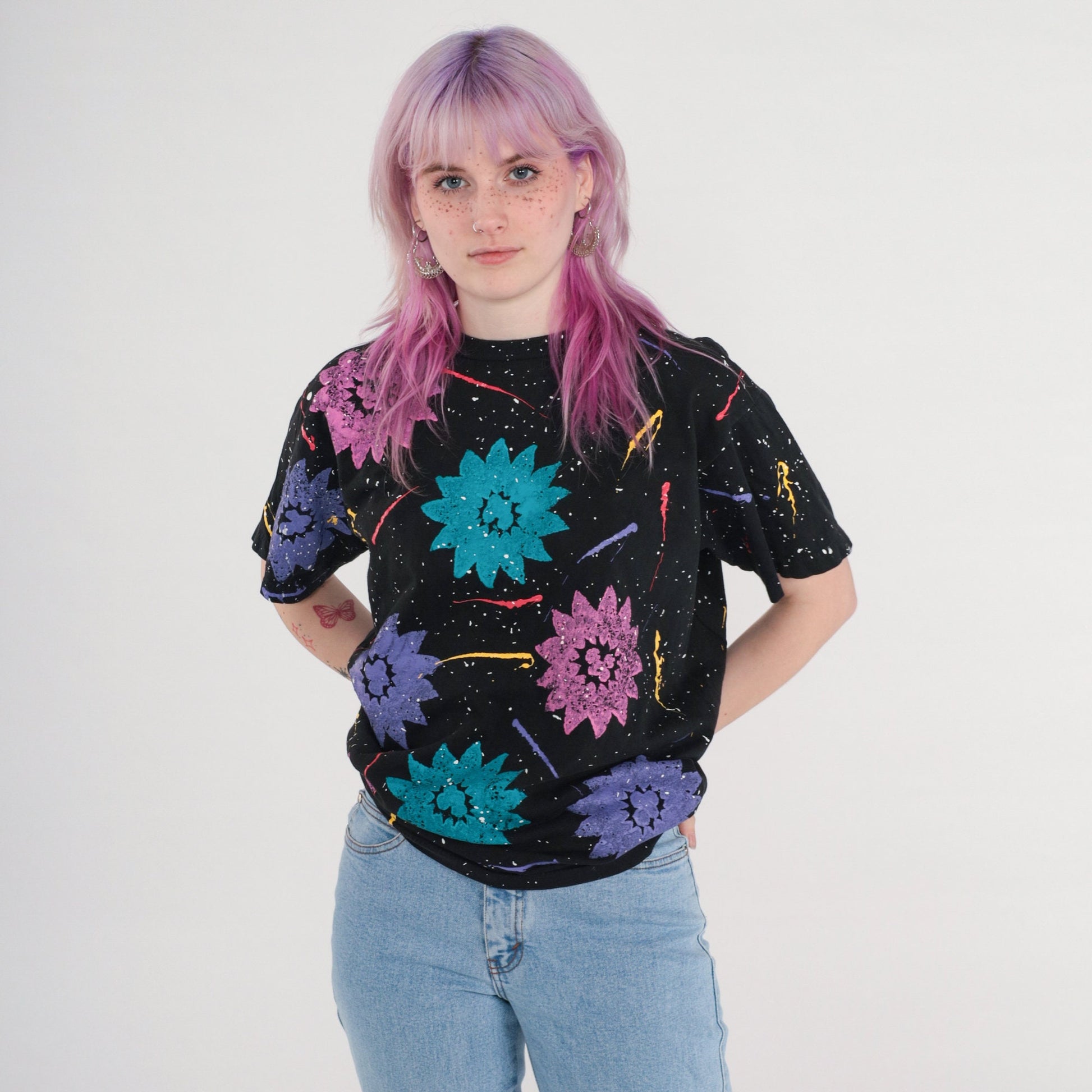 90s Floral Sponge Painted T-Shirt Black Purple Brushstroke Cotton Tee Large