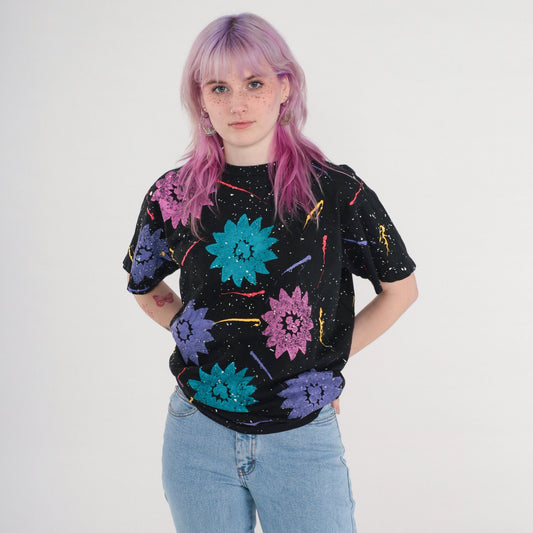 90s Floral Sponge Painted T-Shirt Black Purple Brushstroke Cotton Tee Large