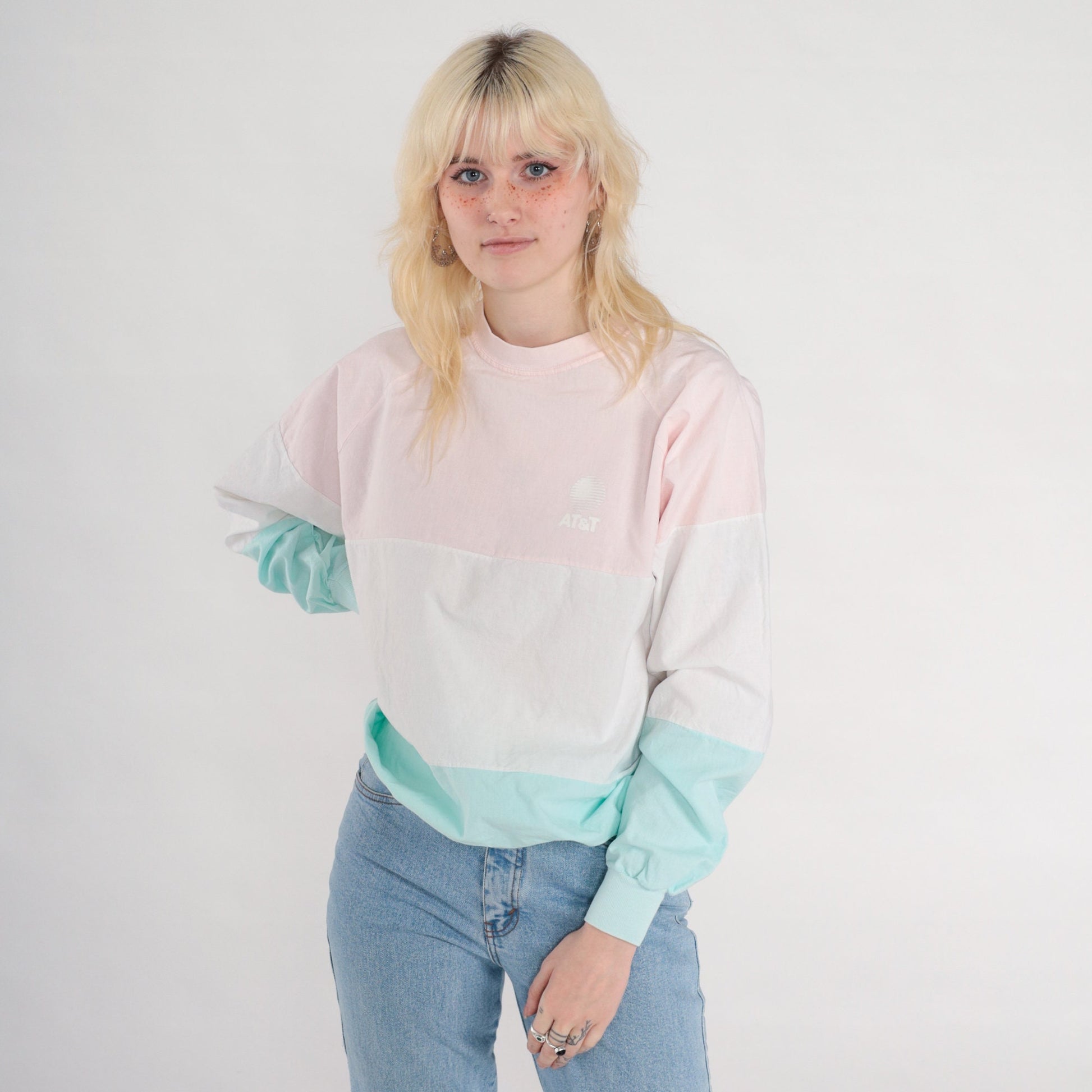 80s AT&T Color Block Long Sleeve Shirt Pink Aqua Crewneck Medium