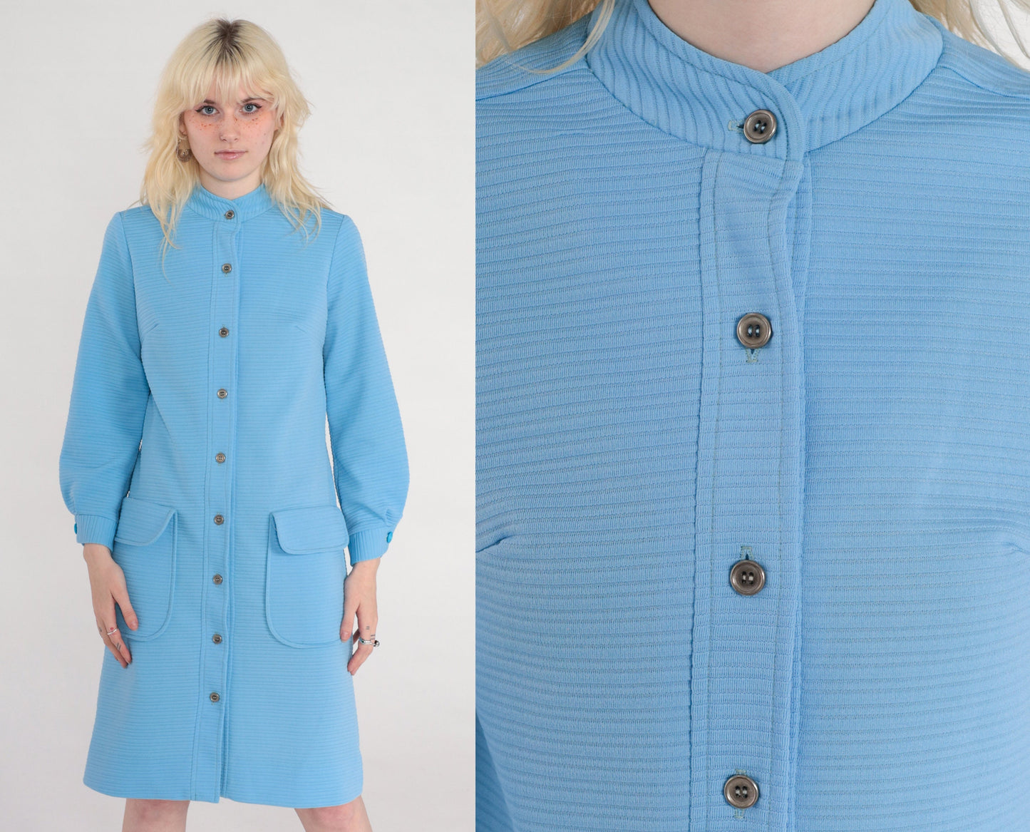 70s Mod Shift Dress Blue Ribbed Polyester Button Front Long Sleeve Small
