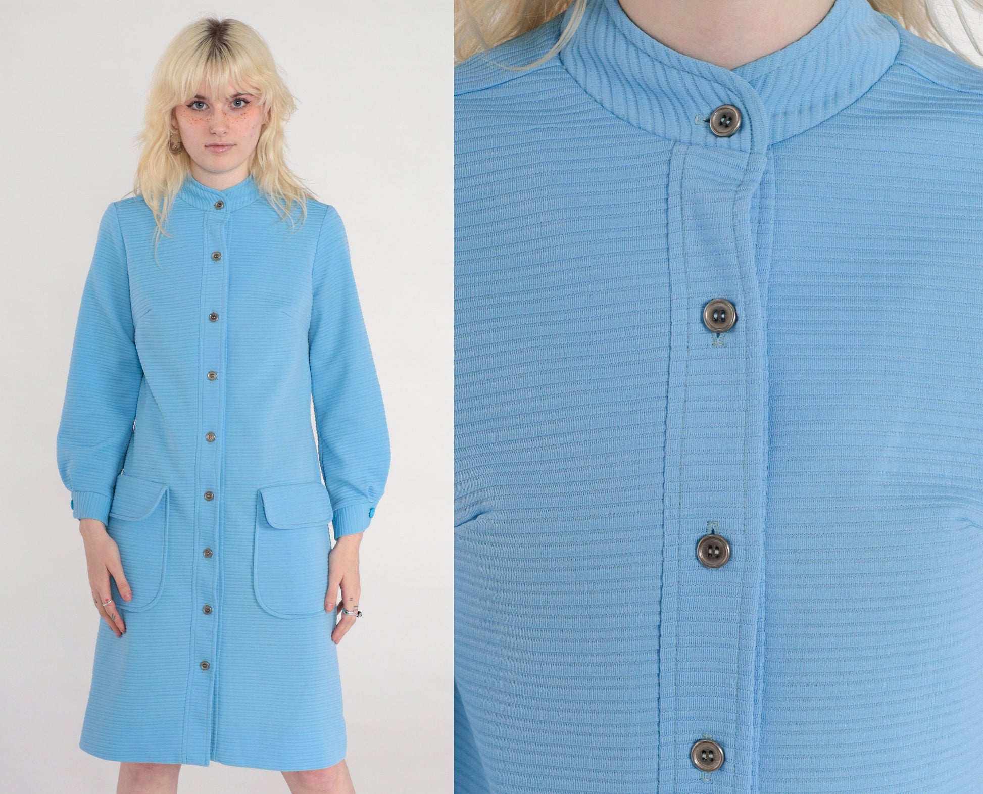70s Mod Shift Dress Blue Ribbed Polyester Button Front Long Sleeve Small