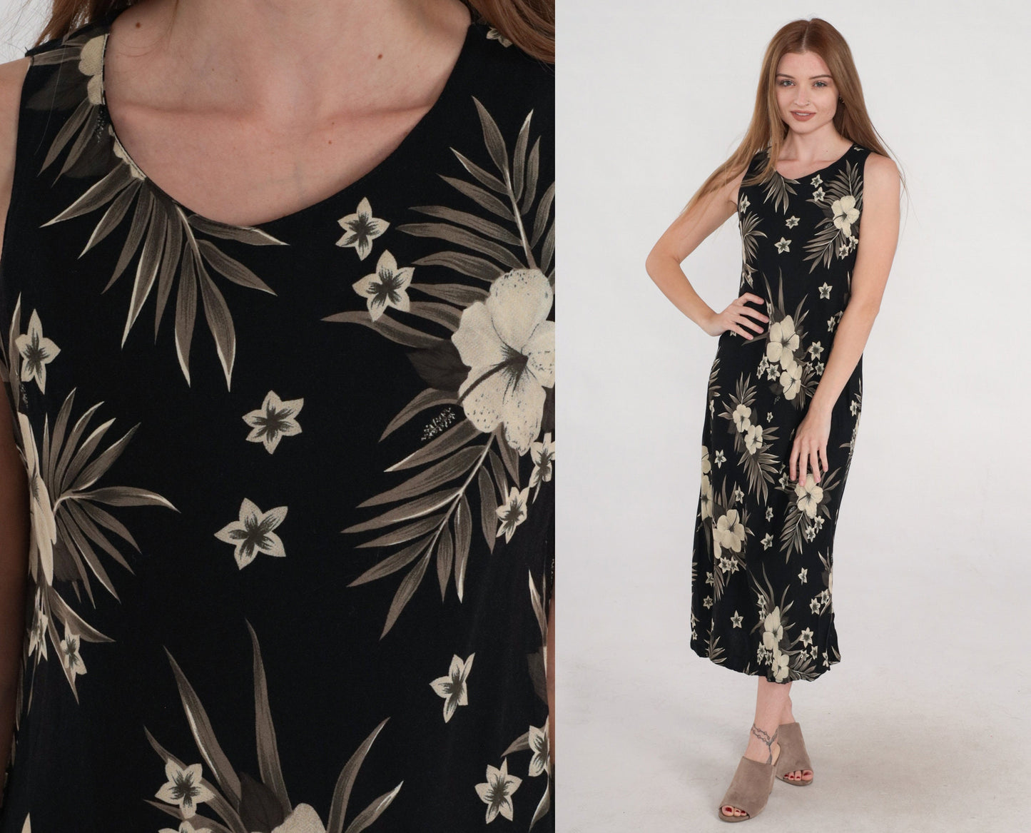 90s Black Tropical Floral Midi Dress Sleeveless Keyhole Back Small