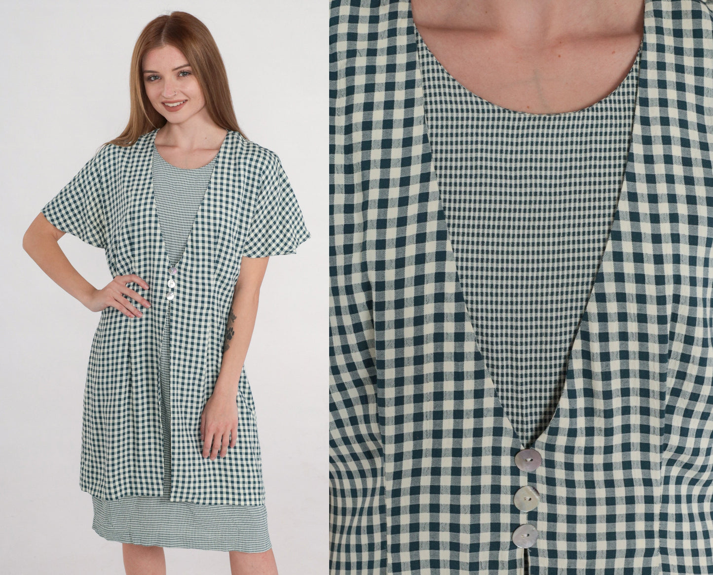 90s Teal White Gingham Mini Shift Dress Button-Up Short Sleeve Medium