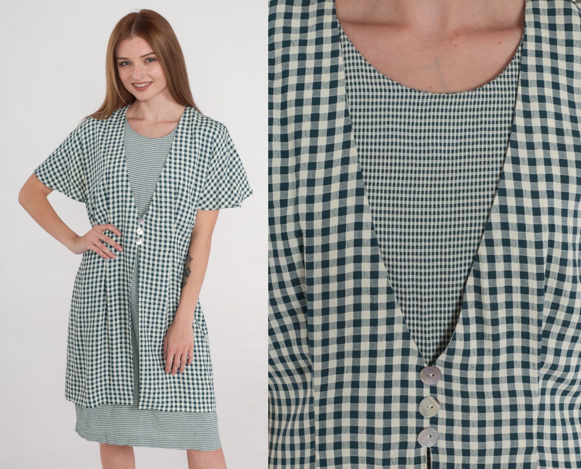 90s Teal White Gingham Mini Shift Dress Button-Up Short Sleeve Medium