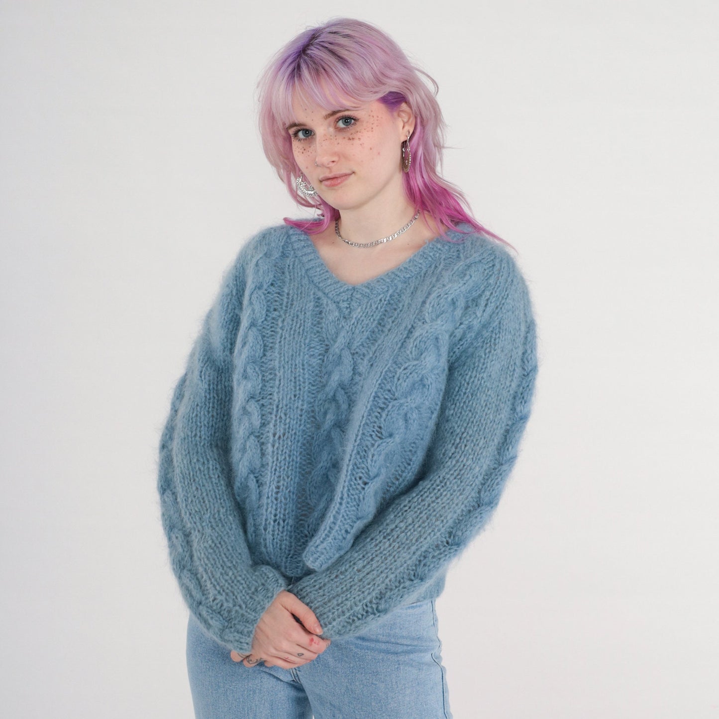 80s Blue Mohair Cable Knit V-Neck Sweater Open Weave Pullover Medium