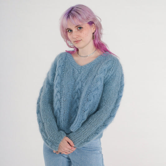 80s Blue Mohair Cable Knit V-Neck Sweater Open Weave Pullover Medium