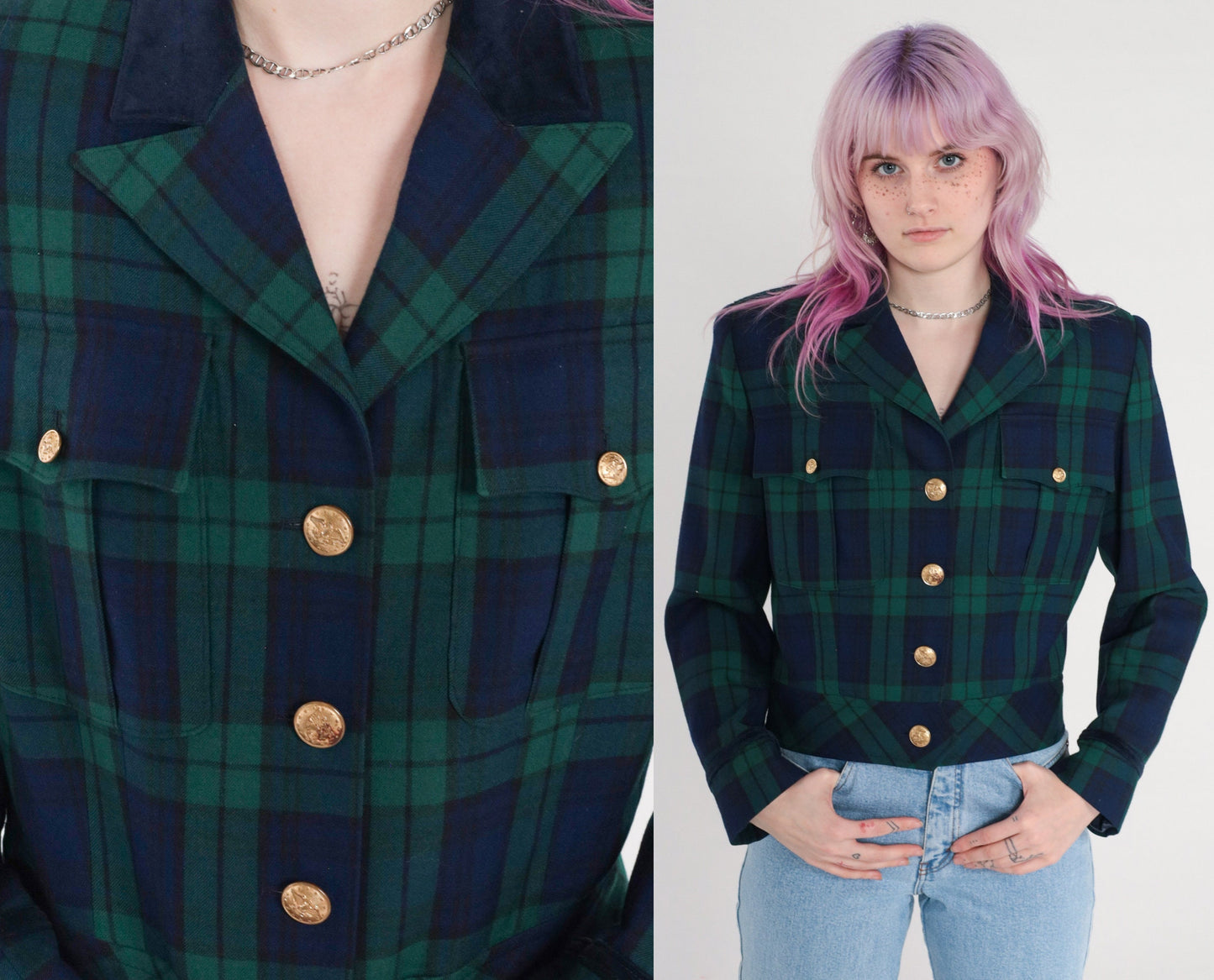 90s Talbots Plaid Wool Blazer Cropped Blue Green Tartan Small 6