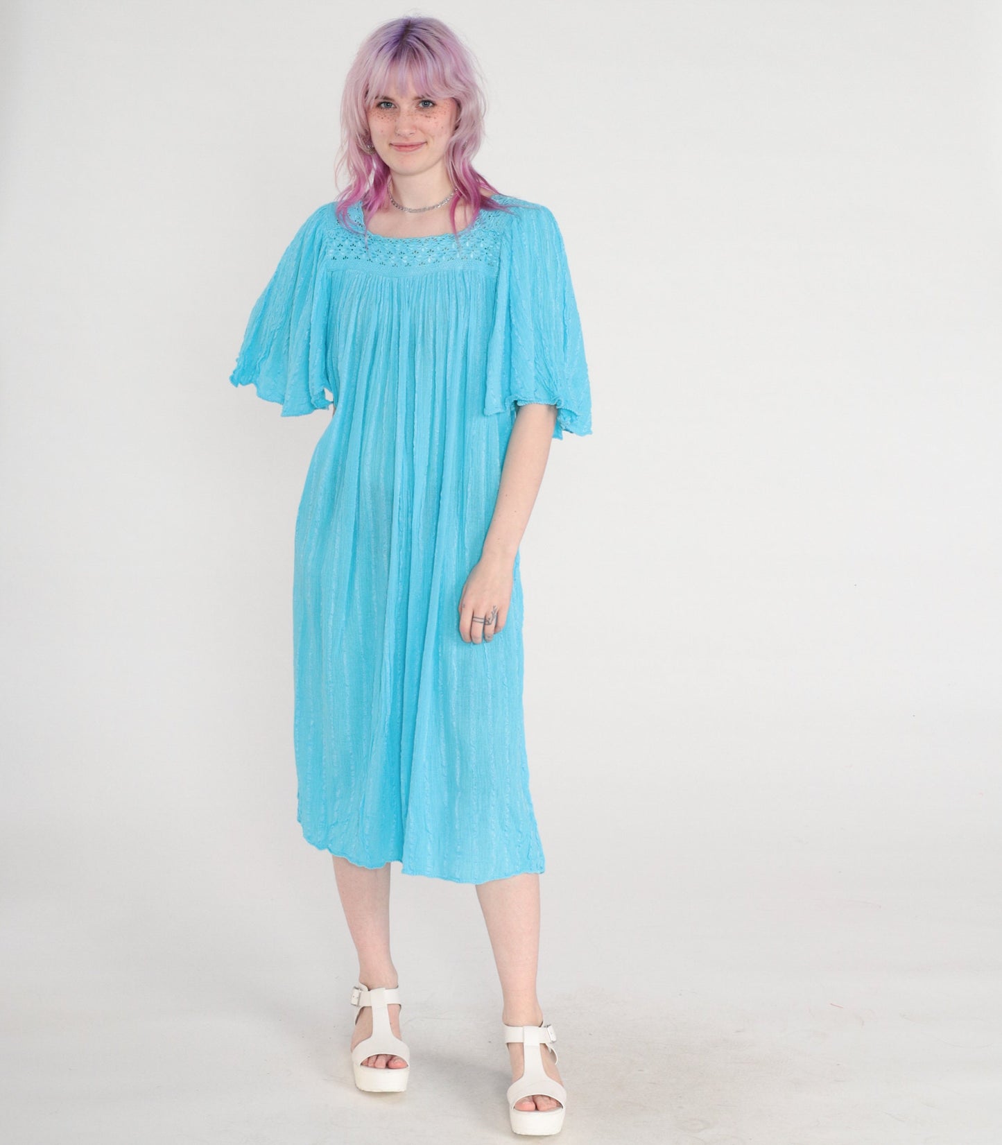 80s Blue Cotton Gauze Midi Dress Embroidered Cutout Flutter Sleeve Medium Large
