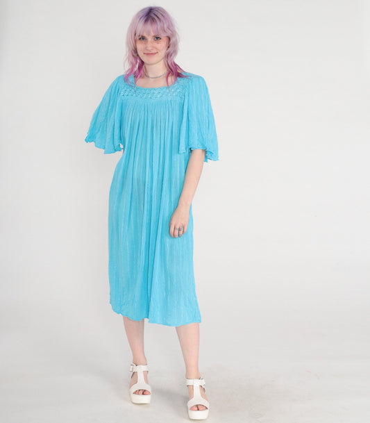 80s Blue Cotton Gauze Midi Dress Embroidered Cutout Flutter Sleeve Medium Large