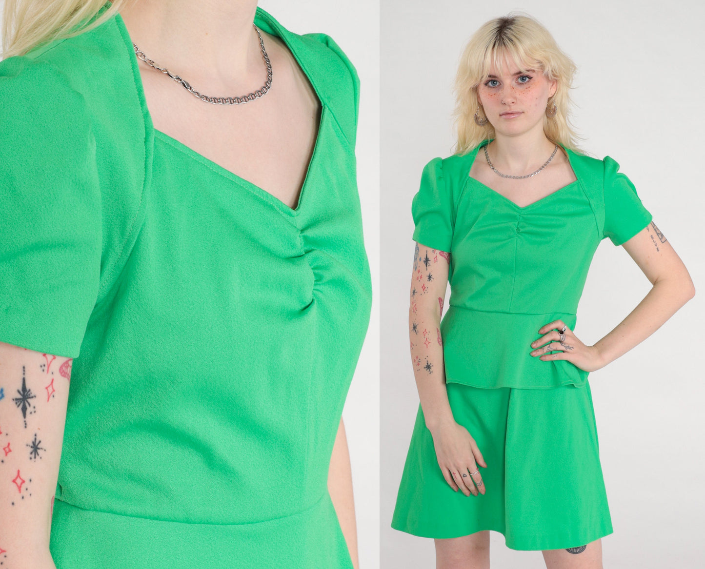 70s Spring Green Mini Dress Puff Sleeve V-Neck High Waist Peplum Small