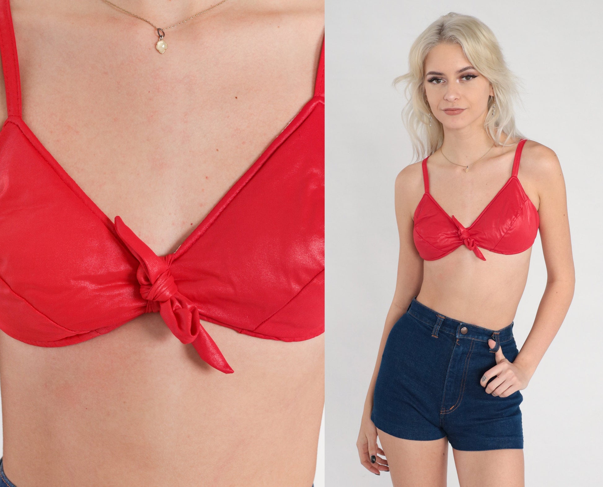 70s Red Nylon Bikini Top Padded Tie Front Swimwear XS
