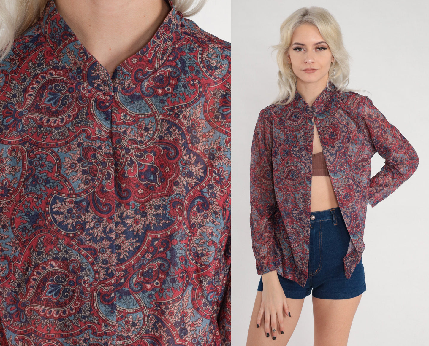 70s Indian Floral Open Front Blouse Mandarin Collar Long Sleeve Medium