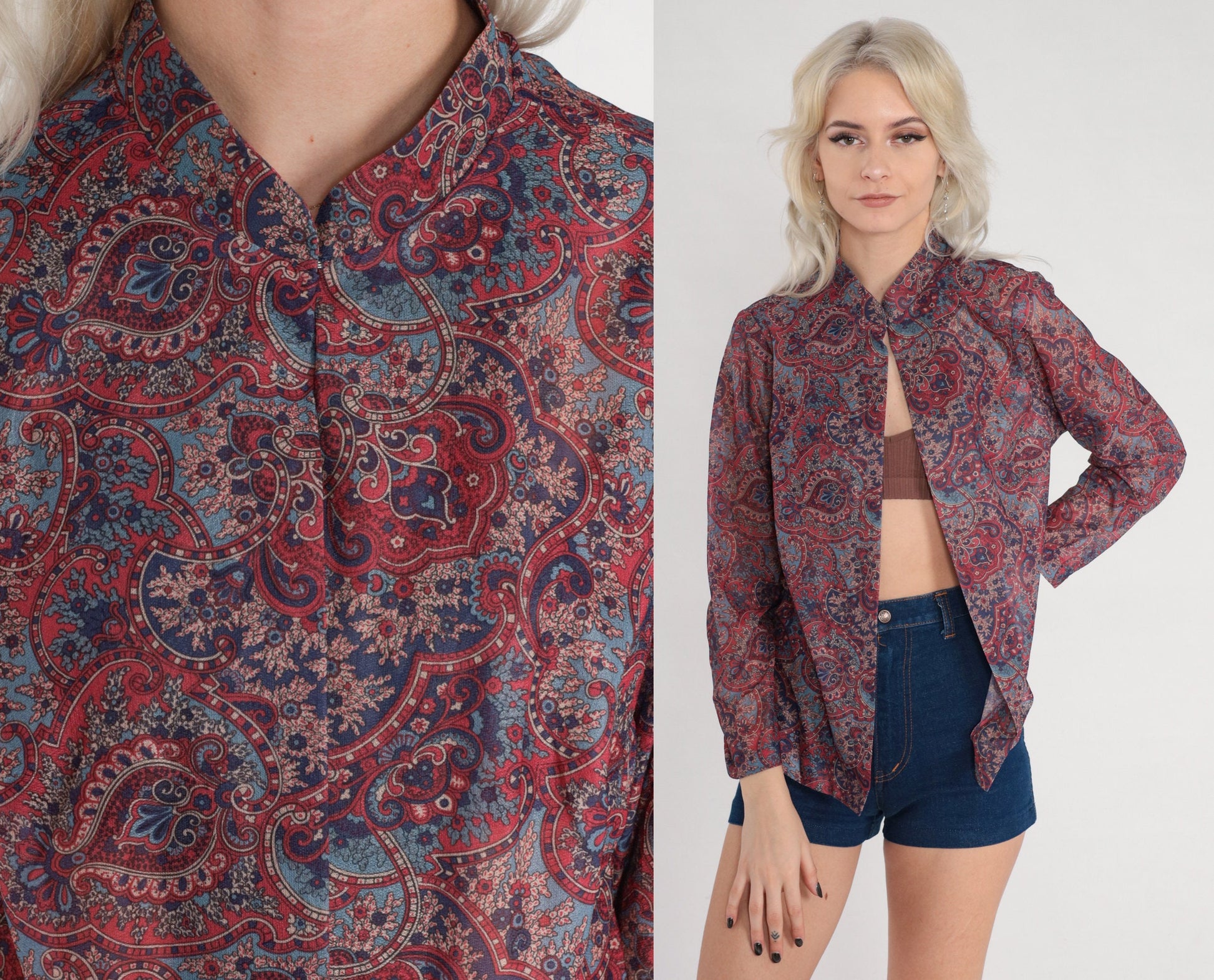 70s Indian Floral Open Front Blouse Mandarin Collar Long Sleeve Medium