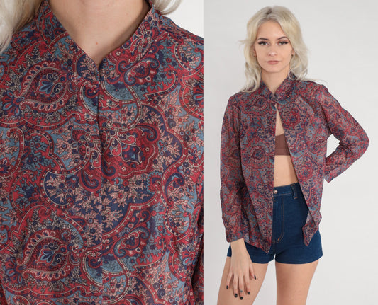 70s Indian Floral Open Front Blouse Mandarin Collar Long Sleeve Medium