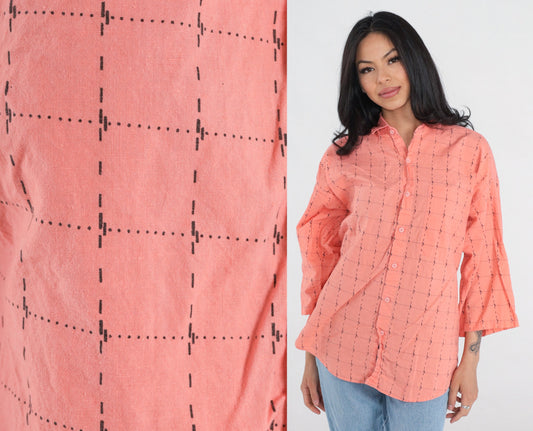 90s Peach Pink Checkered Cotton Button-Up Shirt 3/4 Sleeve Medium