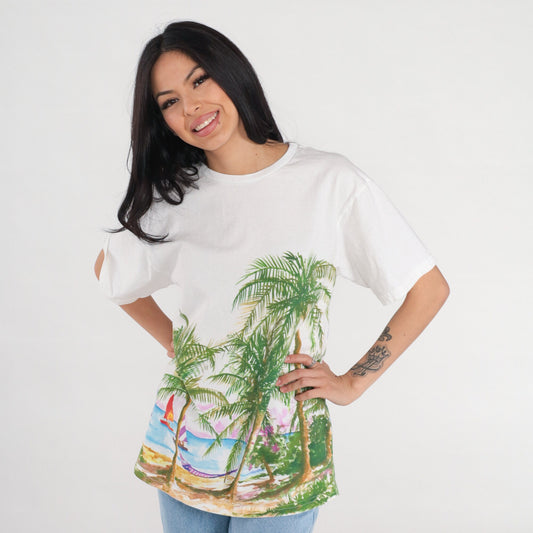 90s Beach Graphic T-Shirt Palm Tree Hammock Island White Cotton Medium