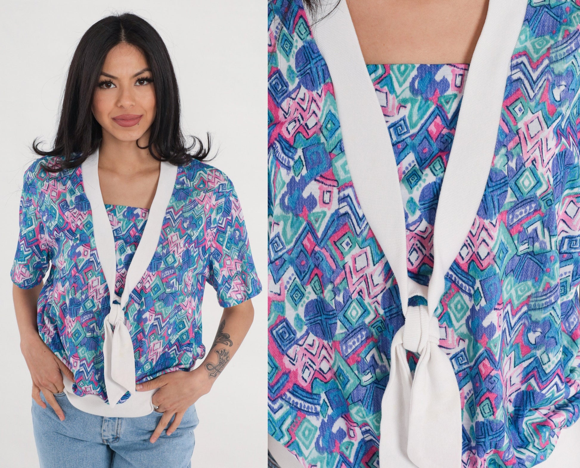 90s Abstract Print Necktie Blouse Short Sleeve Banded Hem White Blue Pink Green Medium