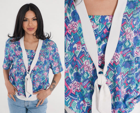 90s Abstract Print Necktie Blouse Short Sleeve Banded Hem White Blue Pink Green Medium