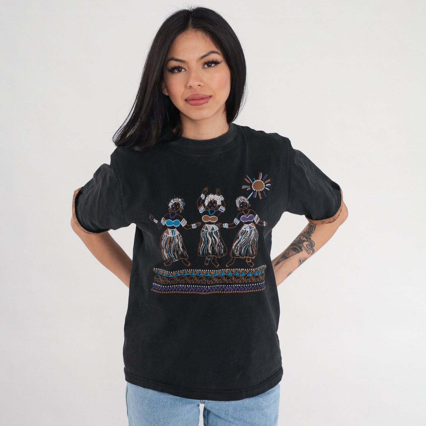90s Hawaii Hula Dancer Graphic T-Shirt Black Cotton Cuffed Sleeve Medium M